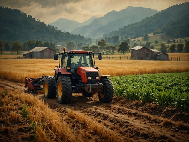 Auf dem Bild ist ein Traktor zu sehen, der auf einem Feld arbeitet, möglicherweise beim Pflügen oder Bearbeiten des Bodens. Im Hintergrund sind einige Scheunen und eine bewaldete Landschaft mit Bergen sichtbar. 

**Herausforderungen für Landwirte:**
1. **Klimawandel:** Unvorhersehbare Wetterbedingungen und extremere klimatische Veränderungen können Ernteerträge beeinträchtigen.
2. **Preisschwankungen:** Die Preise für landwirtschaftliche Produkte können stark schwanken, was Planung und finanzielle Stabilität erschwert.
3. **Ressourcenmangel:** Der Zugang zu Wasser und anderen Ressourcen wird zunehmend eingeschränkt, insbesondere in trockenen Regionen.

**Chancen für Landwirte:**
1. **Technologische Innovation:** Fortschritte in der Agrartechnologie, wie präzise Landwirtschaft und Automatisierung, können die Effizienz und Erträge steigern.
2. **Nachhaltige Praktiken:** Der Fokus auf ökologische Landwirtschaft und nachhaltige Anbaumethoden kann neue Märkte erschließen und die Umwelt schonen.
3. **Direktvermarktung:** Landwirte können über Online-Plattformen direkt an Verbraucher verkaufen, was die Profitabilität und Marktpräsenz erhöht. 

Diese Aspekte zeigen, dass die Landwirtschaft sowohl große Herausforderungen als auch vielversprechende Chancen bietet.