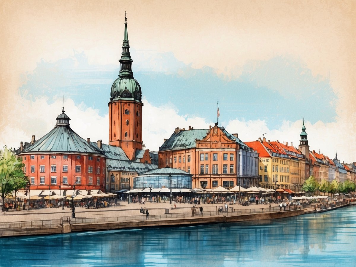 Eine malerische Ansicht von Kopenhagen zeigt farbenfrohe Gebäude entlang des Ufers eines Gewässers. Im Vordergrund sind Tische und Stühle von Cafés auf einem Gehweg zu sehen, umgeben von Bäumen. Der Kirchturm eines historischen Gebäudes mit einer markanten grünen Kuppel dominiert die Szene. Im Hintergrund erkennt man weitere Gebäude mit roten und gelben Dächern sowie eine sanfte Wasseroberfläche, die den Himmel widerspiegelt. Die gesamte Stimmung vermittelt ein einladendes und lebhaftes Stadtbild.