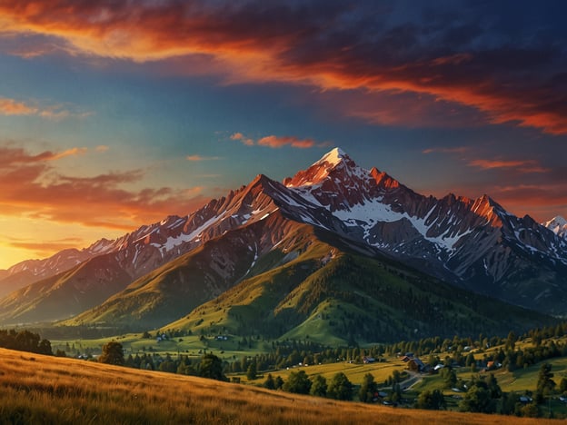 Auf dem Bild ist die Aussicht vom Gipfel eines majestätischen Gebirges zu sehen. Die Landschaft ist von schroffen Bergen geprägt, die mit Schnee bedeckt sind, während die sanften Hügel im Vordergrund grün leuchten. Der Himmel ist in warmen Farben gehalten, mit einem spektakulären Sonnenuntergang, der eine friedliche und beeindruckende Atmosphäre schafft. Kleine Dörfer und Bäume sind in der Täler sichtbar, die der Szenerie eine malerische Note verleihen.