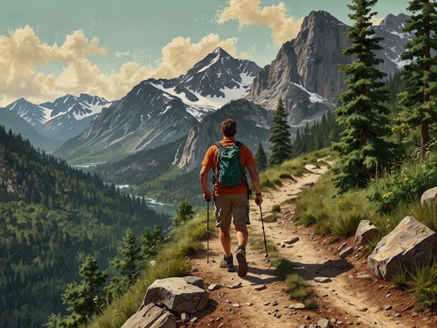 Auf dem Bild ist ein Wanderer zu sehen, der einen malerischen Bergpfad entlanggeht. Um ihn herum erheben sich majestätische Berge mit schneebedeckten Gipfeln und üppigen, grünen Wäldern. Der Himmel ist blau mit einigen Wolken, und im Tal schlängelt sich ein Fluss. Nach der Besteigung könnte der Wanderer weitere Erlebnisse in der Region entdecken, wie z.B. lokale Flora und Fauna, weitere Wanderwege oder vielleicht sogar einige kulturelle Sehenswürdigkeiten, die in der Umgebung zu finden sind.