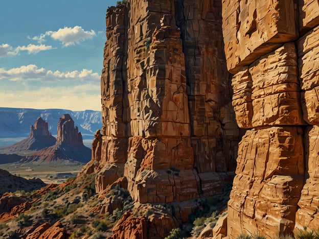 Auf dem Bild sind beeindruckende Felsformationen zu sehen, die die einzigartige Architektur der Natur widerspiegeln. Die majestätischen, senkrechten Felsen erheben sich aus der Landschaft und zeigen beeindruckende Strukturen, die durch natürliche Erosion und geologische Prozesse entstanden sind. Im Hintergrund erkennt man weitere markante Gipfel, die in einer sanften Hügellandschaft eingebettet sind. Das Licht des Tages betont die Texturen der Felsen und schafft eine eindrucksvolle Kulisse, die die Schönheit und Kraft der natürlichen Elemente zeigt.