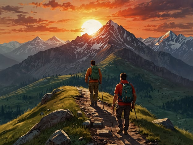 Auf dem Bild ist eine wunderschöne Landschaft zu sehen, die einen unvergesslichen Sonnenuntergang über majestätischen Bergen zeigt. Zwei Wanderer sind auf einem Pfad unterwegs und genießen die atemberaubende Aussicht. Das grüne Gelände und die schneebedeckten Gipfel schaffen eine beeindruckende Kulisse, die das Abenteuer am Tajumulco perfekt einfängt. Die ruhige, friedliche Atmosphäre und die Farben des Himmels verleihen dem Moment eine besondere Magie.