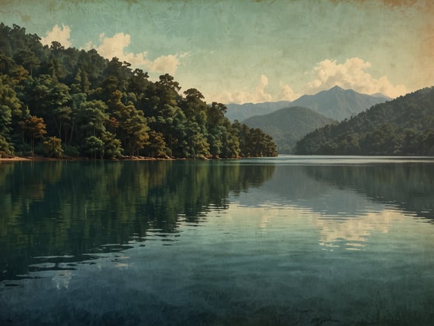 Auf dem Bild ist eine malerische Landschaft zu sehen, die an den Chicabal-See in der heutigen Zeit erinnert. Der See ist von üppiger Vegetation umgeben, mit hohen Bäumen und Bergen im Hintergrund. Das Wasser ist klar und spiegelt die Farben der Landschaft wider, was eine ruhige und friedliche Stimmung vermittelt. Dieses Gebiet ist bekannt für seine natürliche Schönheit und seine Bedeutung in der Kultur der einheimischen Menschen, die es als heilig betrachten. Der Chicabal-See ist ein beliebtes Ziel für Natur- und Kulturliebhaber.