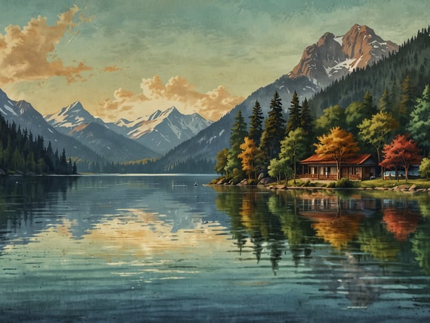 Auf dem Bild ist eine malerische Landschaft zu sehen, die von sanften Hügeln und majestätischen Bergen geprägt ist. Der See spiegelt die umgebende Natur wider, während ein gemütliches Holzhaus am Ufer steht, umgeben von üppigen Bäumen, die in verschiedenen Farben leuchten. Die Atmosphäre strahlt Ruhe und Harmonie aus – ähnliche Gefühle kann man in San Marcos La Laguna erleben, wo die Natur und die Umgebung eine einzigartige Magie ausstrahlen. Hier treffen die Schönheit der Natur und die friedliche Stimmung aufeinander und bieten einen perfekten Rückzugsort.