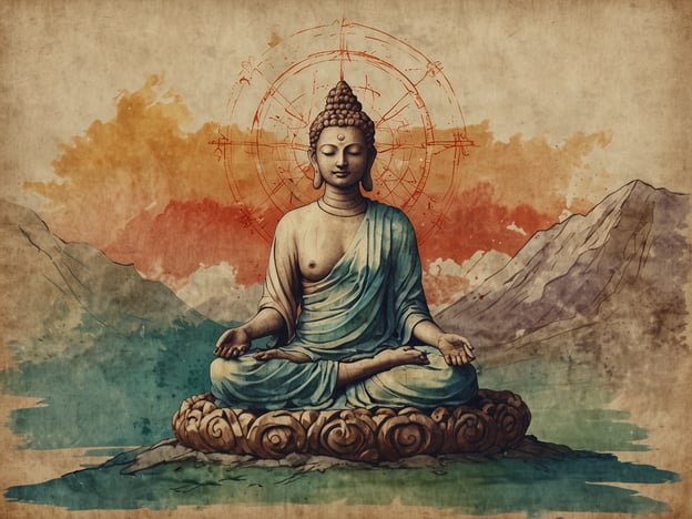 Auf dem Bild ist eine stilisierte Darstellung des Buddha zu sehen, der in Meditationshaltung sitzt. Diese Pose symbolisiert innere Ruhe und Erleuchtung, zentrale Themen in vielen spirituellen Praktiken. 

Der Hintergrund mit Bergen und sanften Farben vermittelt ein Gefühl von Frieden und Naturverbundenheit, das oft in Retreats für Meditation und Achtsamkeit angestrebt wird. Solche Retreats bieten einen Raum, um sich zurückzuziehen, abzuschalten und zur inneren Balance zu finden. Die Verbindung von Kunst und Spiritualität in diesem Bild ermutigt dazu, die eigenen Gedanken und Emotionen zu erforschen, was ein wesentlicher Aspekt vieler spiritueller Wege ist.