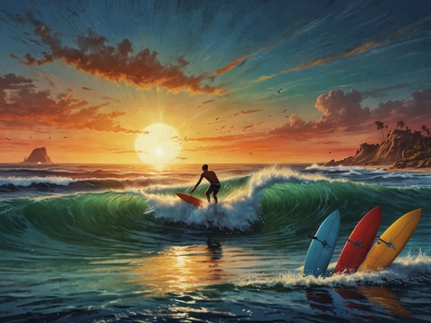 Auf dem Bild sieht man einen Surfer, der in den Wellen reitet, während die Sonne spektakulär am Horizont untergeht. Die Farben des Himmels wechseln von Orange zu Blau, was eine magische Atmosphäre schafft. Im Wasser sind mehrere Surfbretter in verschiedenen Farben zu sehen. 

Für Surfer bietet diese Szene eine ideale Umgebung, um die Wellen auszureiten und die Freiheit des Surfens zu genießen. Solche Sonnenuntergänge sind oft ein Highlight nach einem langen Tag auf dem Wasser, wenn die Bedingungen perfekt sind. Reisende, die an solchen Orten sind, können die lokale Surfkultur erleben, die Surfkurse besuchen oder einfach die entspannende Atmosphäre am Strand genießen. Das Bild vermittelt das Gefühl von Abenteuer und Freiheit, während man die Schönheit der Natur in vollen Zügen auskosten kann.