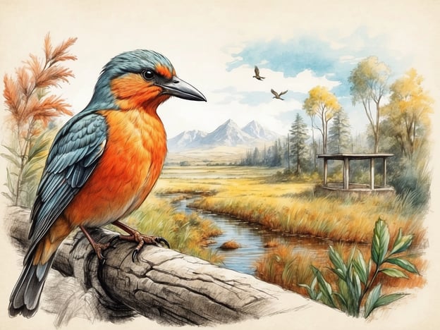 Auf dem Bild ist ein farbenfroher Vogel zu sehen, der auf einem Baumstamm sitzt. Der Vogel hat ein leuchtend orangefarbenes und blaues Gefieder. Im Hintergrund erstreckt sich eine malerische Landschaft mit Bergen, einem Gewässer und Bäumen, was ein ruhiges und harmonisches Ambiente schafft. 

Das Besuchererlebnis im Vogelgehege könnte durch die Betrachtung solcher prachtvollen Vögel bereichert werden, während die Gäste die natürliche Umgebung genießen. Die Kombination aus der Tierbeobachtung und der schönen Kulisse schafft eine entspannende und faszinierende Atmosphäre für alle, die die Schönheit der Natur erleben möchten.