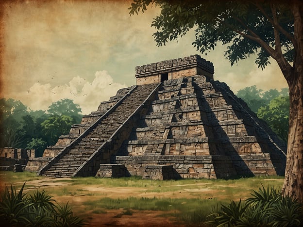 Auf dem Bild ist eine große, pyramidale Struktur zu sehen, die wahrscheinlich eine Tempelpyramide ist, ähnlich den Überresten, die in der antiken Stadt Zaculeu gefunden wurden. Zaculeu war ein Zentrum der Maya-Kultur in Guatemala und ist bekannt für seine beeindruckenden Architektur und starken Verteidigungsanlagen. Die Pyramide könnte als religiöses oder zeremonielles Bauwerk gedient haben, was typisch für die Maya-Kultur war. 

Die steilen Stufen und die massive Steinstruktur erinnern an die Bauweise der Maya, die oft ihre Tempel auf hohe Plattformen errichteten, um eine bessere Sicht auf die Umgebung zu haben und um bedeutende Rituale abzuhalten. Diese Stätten sind heute wichtige archäologische Fundorte, die viel über die Zivilisation der Maya und ihre beeindruckenden Baukünste verraten.