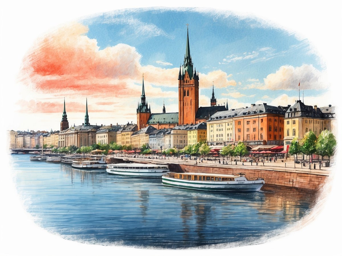 Eine malerische Ansicht von Stockholm, die eine Uferpromenade entlang des Wassers zeigt. Im Vordergrund sind mehrere Boote zu sehen, die am Dock liegen. Die Architektur der Stadt ist geprägt von historischen Gebäuden mit hohen, spitzen Türmen und bunten Fassaden. Der Himmel ist klar und blau, mit sanften, rosa Wolken im Hintergrund. Städtebauliche Elemente wie Bäume und Terrassen mit Sitzgelegenheiten ergänzen das Stadtbild und verleihen der Szene eine lebendige Atmosphäre.