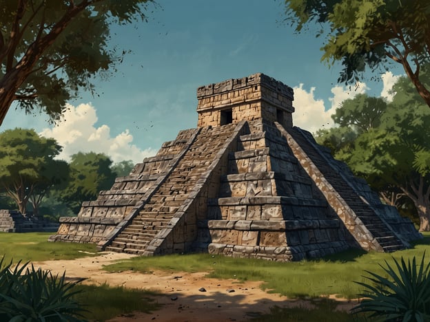 Auf dem Bild ist eine pyramidenförmige Struktur zu sehen, die an die archäologischen Entdeckungen in Zaculeu erinnert. Zaculeu ist eine präkolumbianische Stätte der Maya-Kultur in Guatemala, bekannt für ihre beeindruckenden Tempelpyramiden und die gut erhaltenen Ruinen. Die Architektur zeigt die charakteristischen Stufen und das Mauerwerk, das typisch für diese Region ist. Innerhalb von Zaculeu finden sich viele solcher Strukturen, oftmals umgeben von üppiger Vegetation.