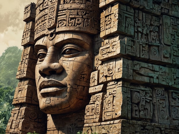 Auf dem Bild ist eine monumentale Skulptur zu sehen, die stark von der Kunst der Maya und Olmeken inspiriert ist. Der Kopf zeigt eine ausgeprägte Gesichtszüge, die an die oft kolossalen Portraits der Olmeken erinnern, während die hier dargestellten Inschriften und Symbole typische Merkmale der Maya-Kultur sind. Die Struktur wirkt majestätisch und könnte als Verkörperung eines Herrschers oder einer Gottheit interpretiert werden. Diese Kulturen verwendeten oft komplexe Symbole und eine detaillierte Bildsprache, um wichtige historische und religiöse Informationen festzuhalten. Der Hintergrund mit üppiger Vegetation spiegelt die natürliche Umgebung wider, die für sowohl die Maya als auch die Olmeken von Bedeutung war.