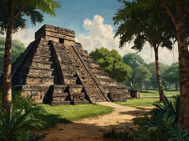 Auf dem Bild ist eine große, steinerne Pyramide zu sehen, die von üppiger, grüner Vegetation umgeben ist. Sie könnte an die Architektur der Maya erinnern, ähnlich der Ruinen, die in Takalik Abaj zu finden sind. Der Himmel ist hellblau mit vereinzelten Wolken, und der Weg, der zur Pyramide führt, ist von Pflanzen gesäumt.