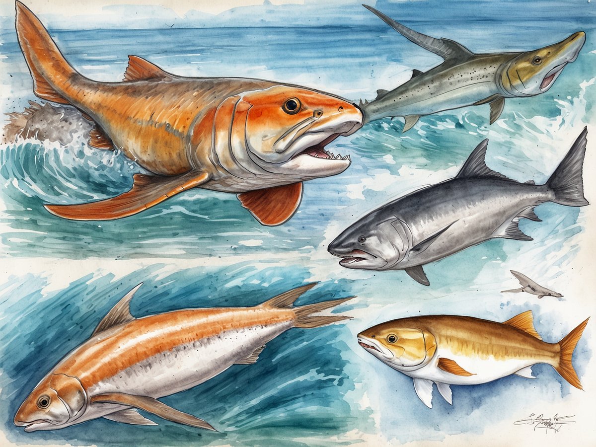 Das Bild zeigt eine detaillierte Aquarellillustration von mehreren Fischen, die im Mittelmeerraum vorkommen. In der oberen Reihe schimmert ein großer, orangefarbener Fisch mit einem breiten Maul und scharfen Zähnen, der möglicherweise einen Drachenkopf darstellt. Daneben schwimmt ein schmaler, grauer Fisch, der an einen Makrele erinnert. In der unteren Reihe sind zwei andere Fische zu sehen, einer mit einer orangefarbenen Linie und ein anderer mit einem helleren Körper. Diese Fische gehören möglicherweise zu den giftigsten Arten des Mittelmeers, die bei Berührung gefährlich sein können. Die Wellen im Hintergrund verleihen der Szene eine dynamische Atmosphäre, die die marine Umgebung widerspiegelt.