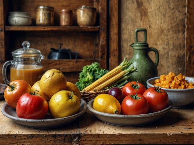 Auf dem Bild sind verschiedene frische Gemüse und Früchte zu sehen, die kulinarische Höhepunkte der Region darstellen könnten. Die bunten Tomaten, darunter rote und gelbe Sorten, sind typisch für viele mediterrane Küchen und werden häufig in Salaten oder Saucen verwendet. Das gelbe Gemüse könnte eine regionale Kürbissorte sein, die für herzhafte Gerichte oder Suppen beliebt ist.

Der frische Sellerie und das Blattgemüse deuten auf eine gesunde Ernährung hin und sind oft in traditionellen Rezepten integriert. Zitrusfrüchte wie die gelbe Zitrone bringen nicht nur Geschmack, sondern auch Frische in die Küche und werden häufig für Dressings oder zum Verfeinern von Gerichten verwendet.

Die Kombinationsmöglichkeiten aus diesen Zutaten spiegeln die saisonale und regionale Küche wider, die Wert auf frische, qualitativ hochwertige Produkte legt.