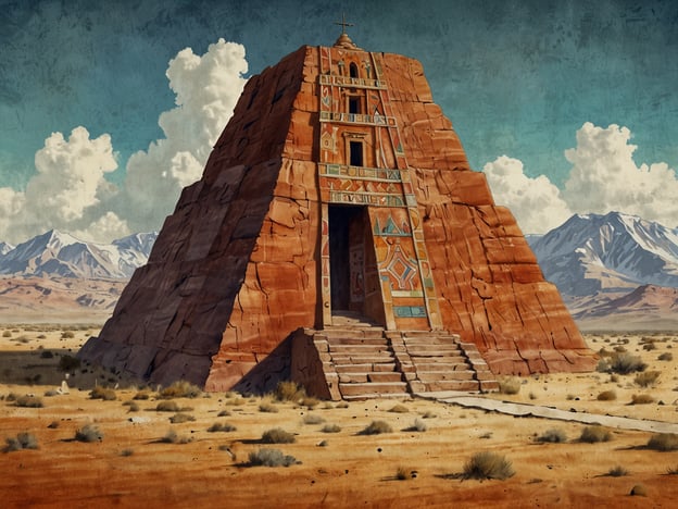 Auf dem Bild ist eine pyramidenartige Struktur oder Tempel zu sehen, der aus roten Felsen erbaut ist. Solche Bauwerke werden oft mit spirituellen Praktiken und alten Zivilisationen in Verbindung gebracht. In vielen Kulturen, wie den Maya und Azteken, symbolisierten Pyramiden den Aufstieg zur höheren Bewusstseinsstufe oder die Verbindung zwischen Himmel und Erde.

Die bunten Verzierungen an der Fassade könnten rituelle Bedeutung haben, die Geschichten von Göttern oder Schöpfungsmythen erzählen. Traditionell galten Tempel als Orte der Verehrung, wo Menschen mit dem Göttlichen kommunizieren konnten. 

Die Umgebung, eine weite Wüstenlandschaft, betont die Isolation und den Fokus auf das Spirituelle, wodurch die Suche nach innerer Erleuchtung und das Verständnis für die Natur und das Universum symbolisiert wird. In spirituellen Traditionen wird oft betont, dass solche Orte der Reflexion und der Mediation dienen, um die Verbindung zu sich selbst und zu höheren Mächten zu stärken.