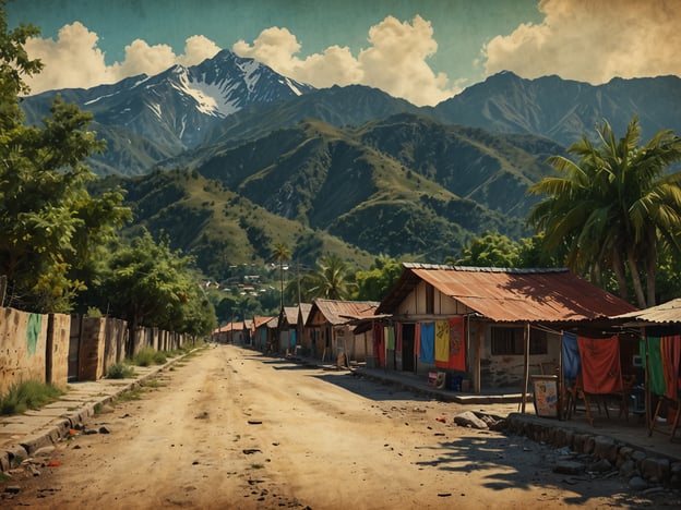 Auf dem Bild ist ein Blick auf San Andrés Itzapa zu sehen. Es zeigt eine ruhige, von Natur umgebene Straße, die von einfachen Häusern gesäumt ist. Die Häuser haben farbige Tücher und die Gebäude wirken schlicht. Im Hintergrund erheben sich majestätische grüne Berge, teils mit Schneebedeckung, unter einem blauen Himmel mit einigen Wolken. Die Landschaft strahlt eine friedliche und ländliche Atmosphäre aus.