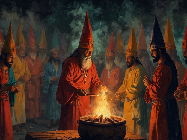 Auf dem Bild sind eine Gruppe von Menschen in traditionellen Gewändern zu sehen, die kerzenförmige Hüte tragen und sich um ein Feuer versammeln. Diese Szene könnte mit den Ritualen und Traditionen rund um Maximón, eine wichtige Figur in der guatemaltekischen Volksreligion, in Verbindung stehen.

Maximón wird oft als der "Heilige der Reisenden" betrachtet und zieht zahlreiche Anhänger an, die ihm Opfergaben bringen, um Gesundheit, Erfolg und Schutz zu erbitten. Die Rituale umfassen das Zünden von Kerzen und das Opfern von Alkohol und Tabak, was zu erheblichen Zeremonien führt, die oft auch Tanz und Gesang einschließen. 

Die farbigen Kleider und Hüte könnten auf die kulturellen Aspekte der beteiligten Gemeinschaft hinweisen, die bei solchen Feierlichkeiten eine wichtige Rolle spielen. Diese Traditionen sind tief verwurzelt in der mayanischen Kultur und integrieren sowohl indigenes als auch katholisches Glaubensgut.