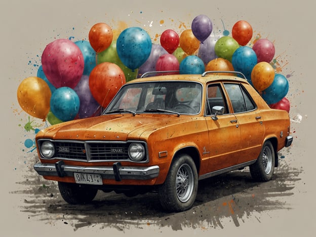 Auf dem Bild ist ein orangefarbenes Auto zu sehen, das von einer Vielzahl bunter Luftballons umgeben ist. Die Szene strahlt Freude und Feierlichkeit aus, was an ein festliches Ambiente erinnert. Das Fest selbst: Ein unvergessliches Erlebnis.