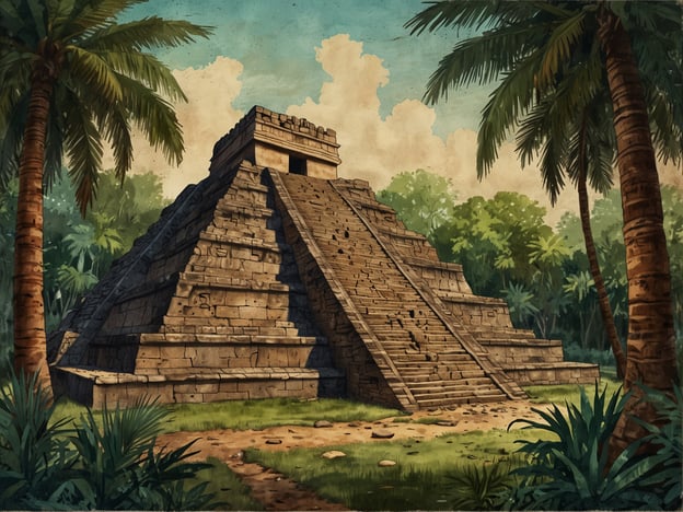 Auf dem Bild ist eine beeindruckende Maya-Pyramide zu sehen, die durch ihre steilen Stufen und die markanten Terrassen besonders auffällt. Diese monumentale Architektur spiegelt die religiöse und astronomische Bedeutung wider, die den Maya zugeschrieben wird. Umgeben von üppigem Grün und Palmen, fügt sich die Pyramide harmonisch in die natürliche Umgebung ein. Solche Bauwerke dienten oft als Tempel oder Zeremonialstätten und sind Meisterwerke der alten Maya-Kultur, die bis heute wirtschaftliche und kulturelle Bedeutung besitzen.