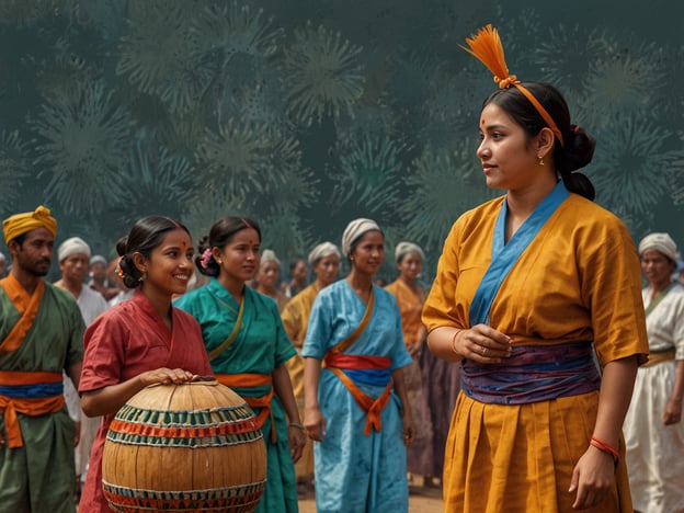 Auf dem Bild sind Menschen in traditionellen Kleidungsstücken zu sehen, die wahrscheinlich an einer kulturellen Feier oder einem Fest teilnehmen. Die bunten Gewänder und Tücher deuten auf eine lebendige Tradition hin, die möglicherweise aus einer bestimmten Region oder Ethnie stammt.

Die Szene könnte eine Darbietung oder einen Tanz zeigen, was oft eine wichtige Rolle in vielen Kulturen spielt. In vielen asiatischen Ländern sind solche Feste eng mit Traditionen und Bräuchen verbunden, bei denen Musik, Tanz und handwerkliches Geschick gefeiert werden. 

Der Kessel, den eines der Mädchen hält, könnte Teil eines rhythmischen Spiels oder einer Musikaufführung sein, was häufig bei kulturellen Festen vorkommt. Solche Gemeinschaftsaktivitäten fördern den sozialen Zusammenhalt und das Weitergeben von Bräuchen an die nächste Generation.