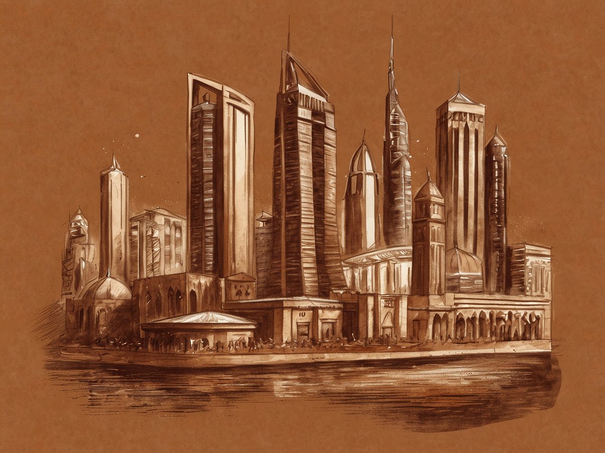 Eine stilisierte Darstellung der Skyline von Dubai ist zu sehen, die mit verschiedenen Wolkenkratzern und traditionellen Gebäuden gestaltet wurde. Die Farbpalette ist in Brauntönen gehalten, was an Schokolade erinnert und den Eindruck von Luxus und Genuss vermittelt. Die Architektur ist modern und futuristisch, während einige Elemente traditioneller Bauweise zu erkennen sind. Der Hintergrund ist einfarbig und verstärkt den Fokus auf die beeindruckenden Gebäude.