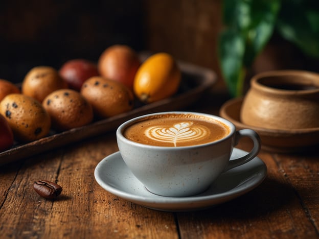 Auf dem Bild ist eine Tasse Kaffee zu sehen, die ansprechend dekoriert ist, wahrscheinlich mit einem schönen Schaumkunstwerk. Neben der Tasse befindet sich eine Auswahl an verschiedenen Früchten, die für den Kaffeeanbau typisch sind, wie z.B. Kaffeekirschen in verschiedenen Reifegraden. Der Hintergrund ist warm und rustikal, mit Holzoberflächen, die eine gemütliche Atmosphäre schaffen. Die Komposition zeigt die Reise des Kaffees von Chicacao: Vom Anbau über die Ernte der Kaffeekirschen bis hin zur Zubereitung des köstlichen Getränks in der Tasse.