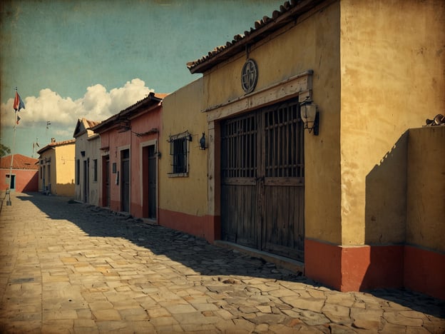 Das Bild zeigt eine malerische Straße mit bunten, kolonialen Gebäuden, die möglicherweise an die Geschichte von San Felipe de Lara erinnern. Diese Stadt, gelegen am Ufer des Izabal-Sees in Guatemala, hat eine reiche Geschichte und war einst ein wichtiger Hafen für den Handel. Die Straßen sind gepflastert und die Architektur spiegelt den kolonialen Stil wider, der für diese Region kennzeichnend ist.

San Felipe de Lara ist bekannt für seine strategische Lage und seine Rolle als Militärfort im 17. Jahrhundert, das zur Verteidigung gegen Piratenangriffe diente. Die bunten Häuser könnten die lebendige Kultur und das historische Erbe dieser Region repräsentieren, während die Wolken am Himmel eine friedliche Atmosphäre schaffen, die an die ruhigen Tage der Vergangenheit erinnert.