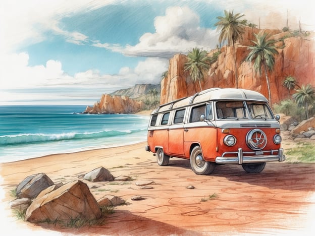 Auf dem Bild ist ein orangefarbener VW-Bus zu sehen, der an einem schönen Strand parkt. Es gibt eine ruhige Meereslandschaft mit sanften Wellen und Palmen, die für eine entspannte Atmosphäre sorgen. Die Umgebung bietet ideale Möglichkeiten für Aktivitäten wie:

1. **Strandspaziergänge** – Die malerische Küste lädt zu ausgedehnten Spaziergängen ein.
2. **Schwimmen** – Das klare Wasser bietet eine perfekte Gelegenheit zum Schwimmen.
3. **Sonnenbaden** – Sonne und Sand machen den Strand ideal zum Entspannen.
4. **Picknicken** – Die friedliche Umgebung eignet sich hervorragend für ein Picknick am Strand.
5. **Camping** – Der VW-Bus könnte als mobiles Zuhause für einen Campingausflug dienen.

Insgesamt strahlt das Bild eine entspannte Urlaubsatmosphäre aus, die Abenteuer und Erholung zugleich verspricht.