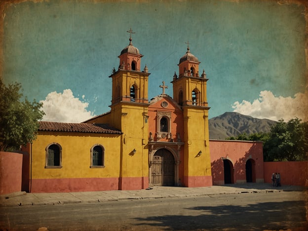 Auf dem Bild ist eine farbenfrohe Kirche zu sehen, die an San Felipe de Lara erinnert. Sie hat zwei markante Türme mit Kreuzen und eine auffällige gelbe Fassade. Der Himmel ist klar und blau, mit einigen Wolken im Hintergrund. Um die Kirche herum sind Bäume und Gebäude in sanften Farben zu sehen, die eine entspannte, historische Atmosphäre vermitteln. San Felipe de Lara ist bekannt für seine koloniale Architektur und reizvolle Landschaften, die Besucher aus der ganzen Welt anziehen.