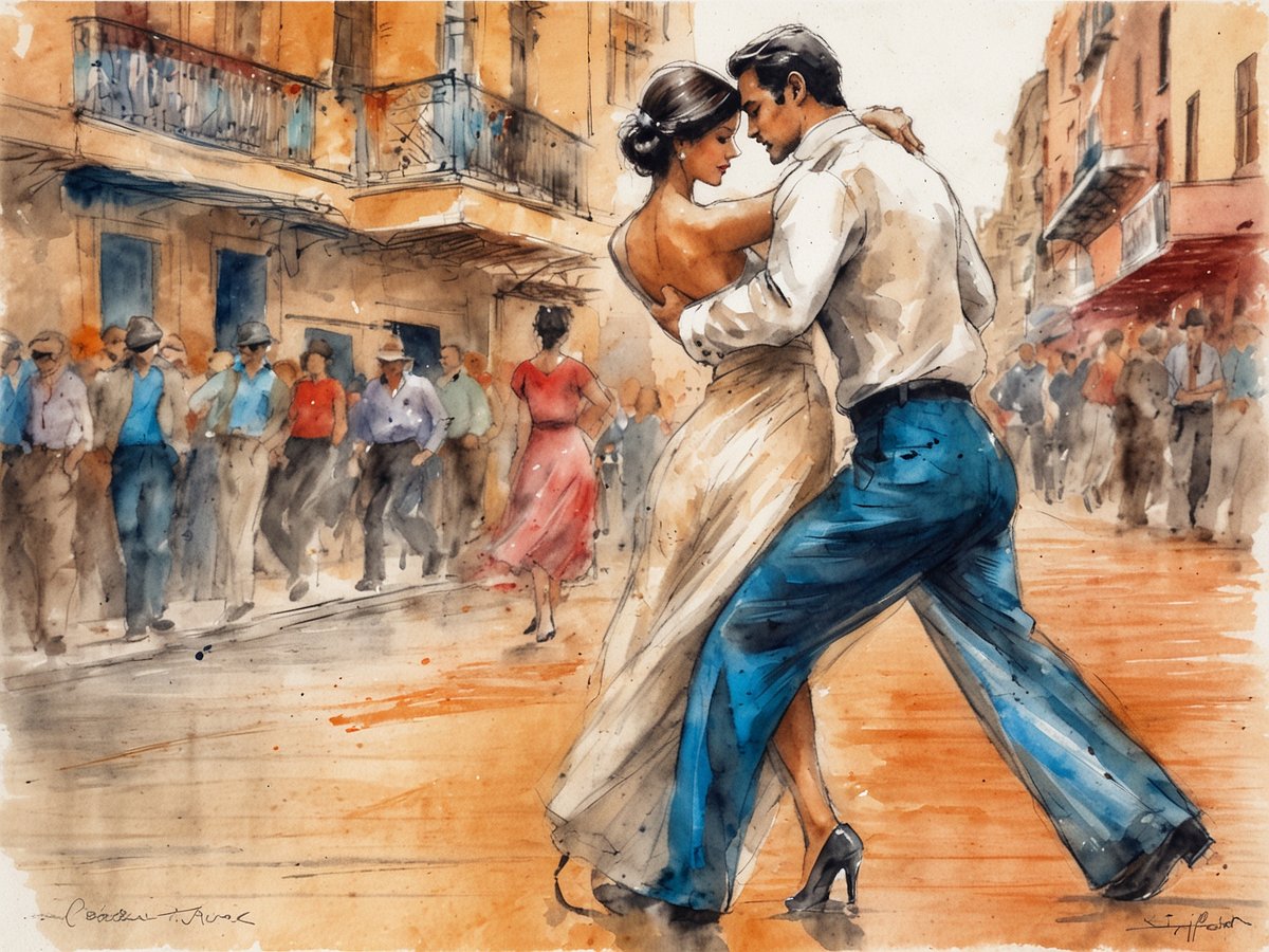 Ein Paar tanzt leidenschaftlich Tango auf einer belebten Straße in Buenos Aires, umgeben von einer Menge von Menschen. Die Tänzer tragen schicke Kleidung, die die Eleganz des Tangos unterstreicht. Im Hintergrund sind historische Gebäude und Melodien des Lebens in der pulsierenden Stadt sichtbar. Der Fokus des Bildes liegt auf der dynamischen Tanzbewegung, die die kulturelle Bedeutung und Geschichte des Tangos in Buenos Aires verkörpert.