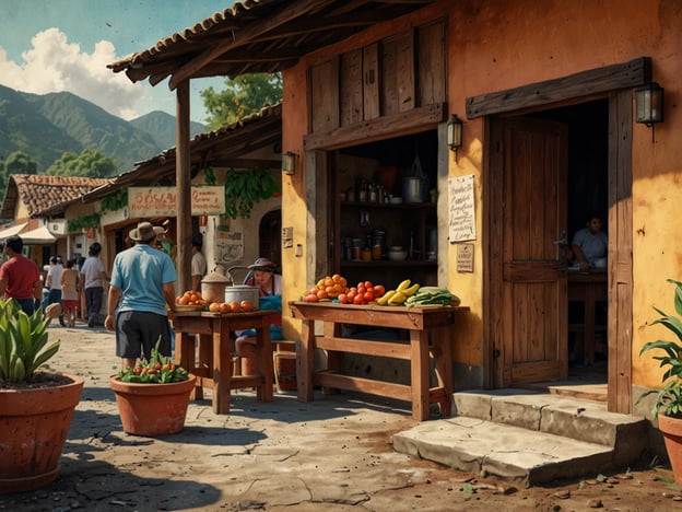 Auf dem Bild ist eine lebendige Marktszene in San Lucas Tolimán zu sehen. Es gibt bunte Stände mit frischem Obst und Gemüse, darunter Orangen, Bananen und Tomaten. Menschen flanieren durch die Gassen, während andere an Tischen sitzen und sich mit den Waren beschäftigen. Die Umgebung ist von einer rustikalen, charmanten Architektur geprägt, die mit Pflanzen geschmückt ist. Dieser Markt bietet eine tolle Gelegenheit, die kulinarischen Schätze der Region zu entdecken, von frischem Obst bis zu lokalen Spezialitäten und handwerklichen Lebensmitteln.