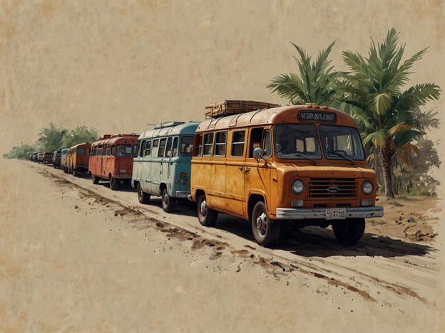 Auf dem Bild sind mehrere bunte Busse zu sehen, die an einem Strand oder einer sandigen Straße entlang einer Reihe von Palmen parken oder fahren. Diese Szene könnte symbolisch für nachhaltiges Reisen stehen, da solche öffentlichen Verkehrsmittel oft umweltfreundlicher sind als individuelle Autofahrten. Außerdem können sie zur Unterstützung der lokalen Wirtschaft beitragen, solange sie von einheimischen Anbietern betrieben werden. Nachhaltiges Reisen fördert den Respekt gegenüber der Natur und den Kulturen der bereisten Orte, was durch die Verwendung traditioneller Transportmittel wie Busse in ländlichen oder tropischen Gebieten verdeutlicht wird.