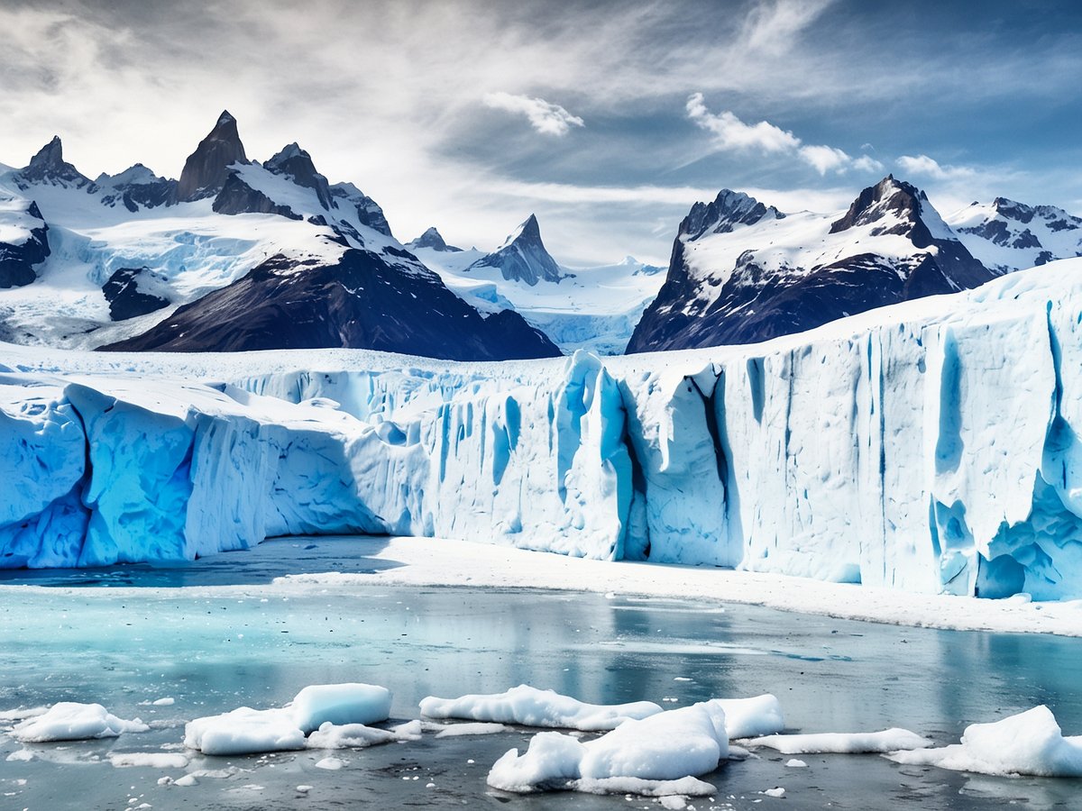 Der Perito-Moreno-Gletscher in Patagonien zeigt eine beeindruckende Landschaft mit seinen riesigen, blauen Eiswänden, die majestätisch in ein ruhiges Wasserbecken münden. Im Hintergrund erheben sich schneebedeckte Berge unter einem klaren Himmel mit einigen Wolken. Im Vordergrund sind kleine Eisstücke im Wasser sichtbar, die die Kälte und die unberührte Natur der Umgebung unterstreichen. Diese Szene vermittelt ein Gefühl von Schönheit und Erhabenheit in der unberührten Wildnis Patagoniens.