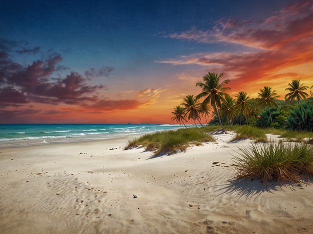 Auf dem Bild ist ein schöner Strand mit feinem, hellen Sand zu sehen. Das Wasser ist in verschiedenen Blautönen gefärbt und es sind sanfte Wellen zu erkennen. Palmen säumen die Küste und im Hintergrund ist ein beeindruckender Sonnenuntergang zu sehen, der den Himmel in warme Farben taucht. Diese Vielfalt der Strände auf Roatán zeigt die natürliche Schönheit und den tropischen Charme dieser Destination, die perfekte Bedingungen für Entspannung und Erholung bietet. Die traumhaften Strände laden dazu ein, die Ruhe zu genießen und die malerische Landschaft zu bewundern.