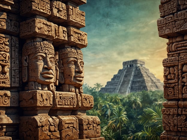 Auf dem Bild sind kunstvolle Steinreliefs mit Gesichtern zu sehen, die an die Maya-Kultur erinnern. Im Hintergrund ist eine pyramidenartige Struktur abgebildet, die ebenfalls für die Maya-Architektur typisch ist.

Copán ist eine bedeutende archäologische Stätte der Maya im heutigen Honduras. Sie war ein wichtiges politisches, kulturelles und religiöses Zentrum während der klassischen Maya-Periode (ca. 250–900 n. Chr.). Die Stadt ist bekannt für ihre beeindruckenden Stelen und Altar-Reliefs, die detaillierte Darstellungen von Herrschern und mythologischen Szenen zeigen. Diese Werke liefern wertvolle Einblicke in die Geschichte, Religion und Gesellschaft der Maya und belegen die künstlerische Fertigung und das architektonische Können dieser Zivilisation. Copán war auch ein Zentrum für die Hieroglyphenforschung und die Entwicklung des Maya-Kalenders.