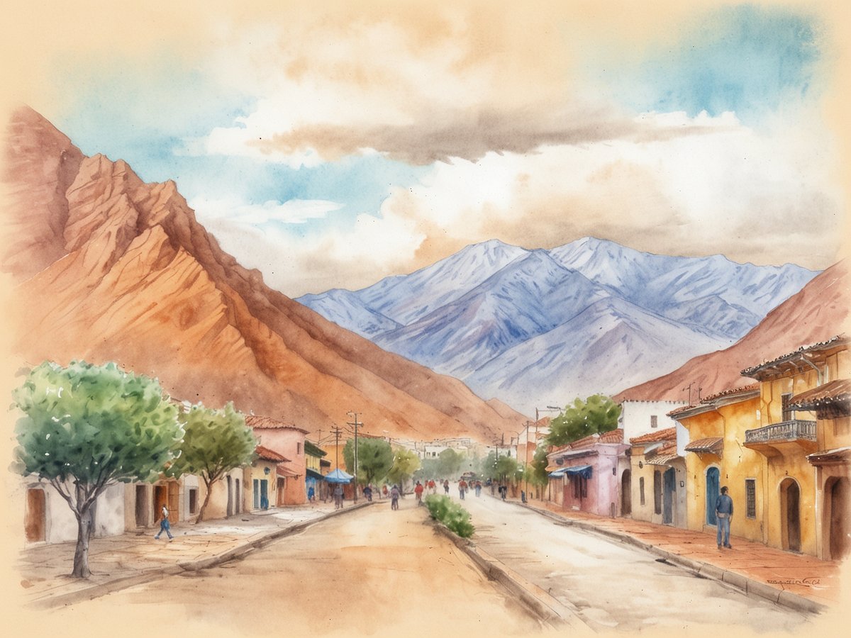 Eine malerische Straßenszene in Salta mit kolonialem Charme, umgeben von beeindruckenden bunten Bergen. Auf der linken Seite stehen grüne Bäume, während auf der rechten Seite häusliche Gebäude in sanften Farben wie Gelb und Blau zu sehen sind. Die Straße führt durch das Bild und bietet einen Blick auf die majestätischen Berge im Hintergrund, die in verschiedenen Blautönen schimmern. In der Ferne sind einige Menschen sichtbar, die die Straße entlanggehen, was der Szene Leben verleiht. Der Himmel ist licht und hat einige Wolken, die für eine einladende Atmosphäre sorgen.