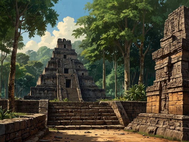 Auf dem Bild sind eindrucksvolle Ruinen abgebildet, die typisch für die architektonische Gestaltung der Copán-Ruinen sind. Die stufenförmige Pyramide im Hintergrund könnte eine der zentralen Tempelstrukturen sein, die oft mit religiösen Zeremonien in Verbindung gebracht werden. Die Verwendung von großen Natursteinen und die komplexe Anordnung der Treppen verleihen der Architektur Stabilität und Monumentalität.

Im Vordergrund sieht man möglicherweise kleinere Strukturen oder Altäre, die prächtig verziert sein könnten. Diese Reliefs und Schnitzereien sind charakteristisch für die Kunst der Maya und verdeutlichen ihre fortschrittlichen Fähigkeiten in der Steinbearbeitung. Die umgebenden Bäume und die dichte Vegetation schaffen eine atmosphärische Kulisse und zeigen, wie diese beeindruckenden Bauwerke in die natürliche Landschaft integriert sind. Insgesamt zeugen die Ruinen von der kulturellen und künstlerischen Blüte der Maya-Zivilisation.