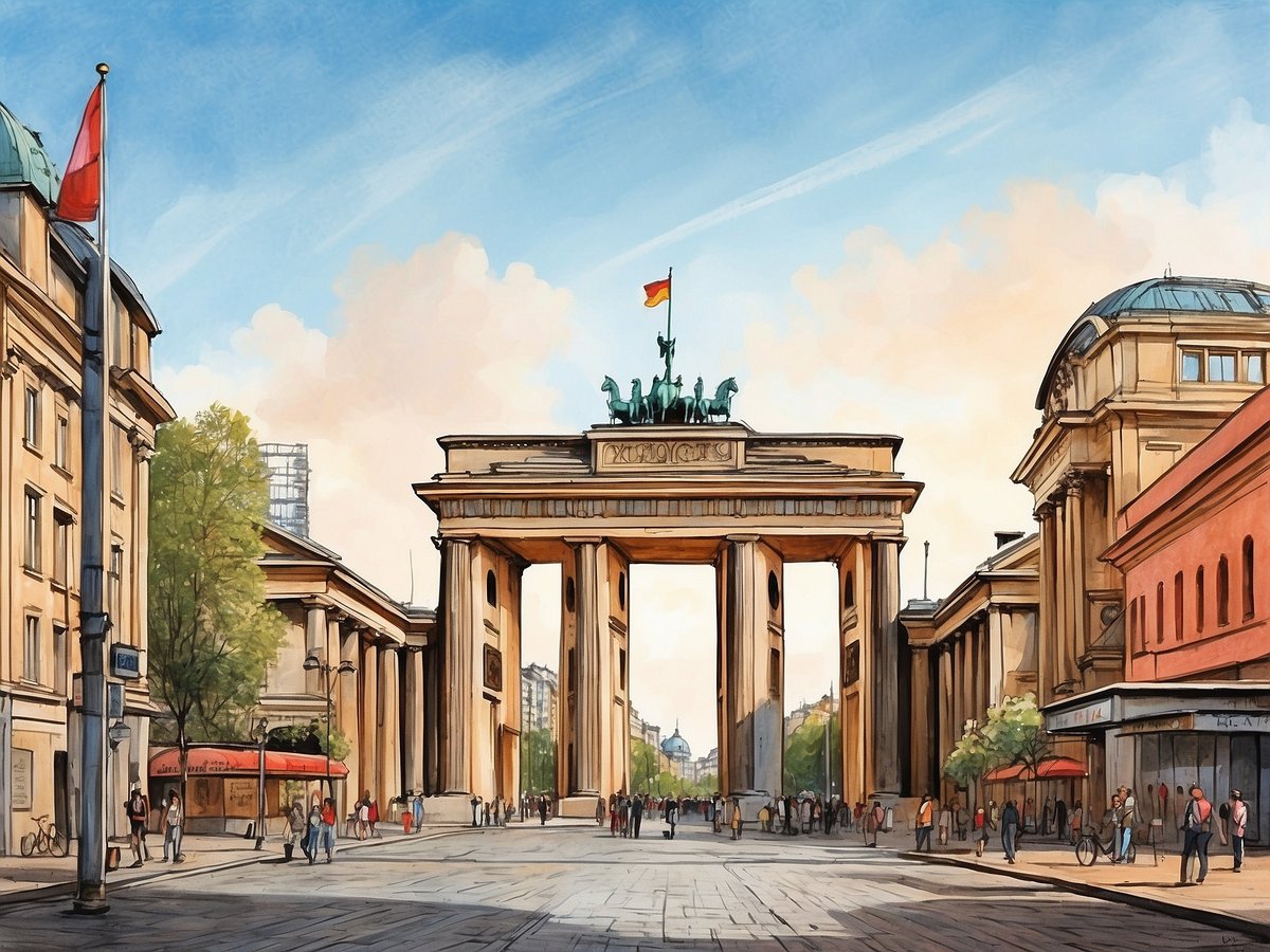 Das Bild zeigt das Brandenburger Tor in Berlin, umgeben von historischem Architektur und belebten Straßen. Es ist ein sonniger Tag mit blauem Himmel und einigen Wolken. Vor dem Tor sind Spaziergänger und Passanten zu sehen, die die Umgebung genießen. Auf der linken Seite befinden sich Bäume sowie ein angrenzendes Gebäude, während auf der rechten Seite weitere Geschäfte und Cafés sichtbar sind. Am Tor weht die deutsche Flagge.