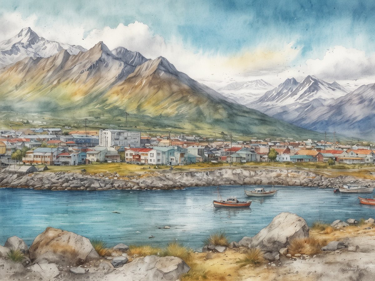 Eine malerische Ansicht von Ushuaia, der südlichsten Stadt der Erde, gelegen am Wasser und umgeben von majestätischen Bergen. Die Stadt ist von verschiedenen Häusern mit bunten Dächern geprägt, die sich entlang der Uferlinie anordnen. Im Vordergrund sind einige kleine Boote im ruhigen Wasser zu sehen, während ein felsiger Uferbereich eine natürliche Kulisse bietet. Die schneebedeckten Gipfel im Hintergrund unterstreichen die beeindruckende Landschaft und die abgelegene Lage dieser einzigartigen Stadt.