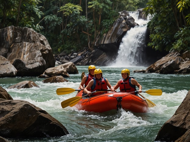 Auf dem Bild sind Menschen zu sehen, die mit einem Rafting-Boot einen Fluss hinunterpaddeln. Diese Aktivität ist perfekt für Adrenalin-Junkies! 

Es gibt zahlreiche aufregende Abenteuer, die man in dieser Umgebung erleben kann, wie zum Beispiel:

1. **Wildwasser-Rafting** - Spüren Sie den Nervenkitzel, während Sie über Stromschnellen fahren.
2. **Zorbing** - Rollen Sie in einer großen, durchsichtigen Kugel den Hang hinunter.
3. **Bungee-Jumping** - Springen Sie von einer hohen Brücke und erleben Sie den freien Fall.
4. **Klettern** - Erklimmen Sie steile Felsen oder Wände in der Natur.
5. **Canyoning** - Rutschen und springen Sie durch Schluchten und Wasserfälle.

All diese Aktivitäten sorgen für einen Adrenalinkick und unvergessliche Erlebnisse in der Natur!