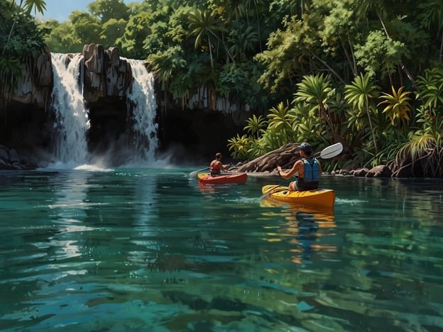 Auf dem Bild sind zwei Personen zu sehen, die in bunten Kajaks in einem malerischen Gewässer paddeln, während im Hintergrund ein beeindruckender Wasserfall zu sehen ist. Die Umgebung ist üppig und tropisch, mit viel grünem Pflanzenbewuchs.

Für abenteuerlustige Aktivitäten könnten folgende Vorschläge interessant sein:

1. **Kajakfahren**: Entdecke versteckte Buchten und Flüsse, während du die Landschaft erkundest.
2. **Schwimmen**: Tauche in die erfrischenden Gewässer direkt unter dem Wasserfall.
3. **Wanderungen**: Mache eine geführte Wanderung durch den Dschungel, um die Flora und Fauna zu erkunden.
4. **Fotografie**: Halte die atemberaubenden Ausblicke und die Natur mit einer Kamera fest.
5. **Vogelbeobachtung**: Beobachte die vielfältige Vogelwelt, die in tropischen Gebieten anzutreffen ist.

Diese Aktivitäten bieten eine perfekte Kombination aus Spaß und Abenteuer in der Natur!