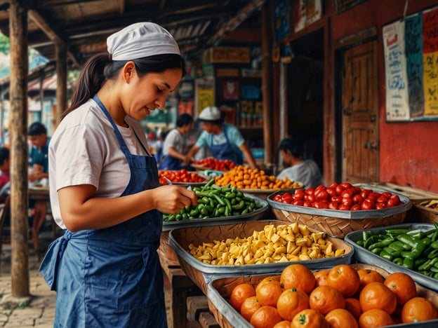 Auf dem Bild ist eine Frau zu sehen, die in einem Markt in Tegucigalpa arbeitet. Sie prüft frische Zutaten, die in Körben präsentiert werden, darunter grüne und rote Paprika sowie verschiedene Früchte wie Orangen und gelbe Fruchtstücke. Solche Märkte sind ein fester Bestandteil der kulinarischen Entdeckungen in Tegucigalpa, wo lokale Köstlichkeiten und frisches Obst und Gemüse in Hülle und Fülle angeboten werden. Die lebendige Atmosphäre und die Vielfalt der Produkte spiegeln die kulinarischen Traditionen der Region wider.