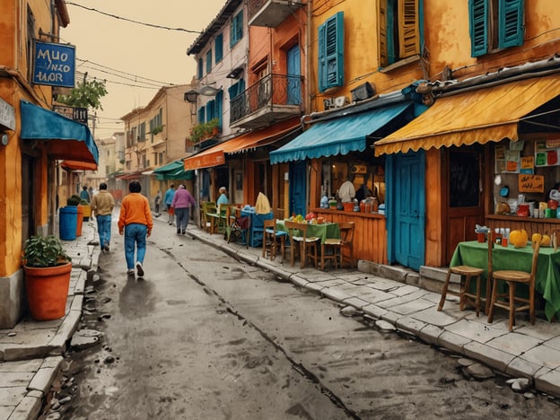 Auf dem Bild ist eine lebhafte Straße zu sehen, die typisch für die bunten und kulturell reichen Viertel in San Pedro Sula sein könnte. Die Umgebung zeigt bunte Gebäude, die mit verschiedenen Farben gestrichen sind, was ein Gefühl von Wärme und Gastfreundschaft vermittelt. 

Menschen sind zu Fuß unterwegs, was auf einen aktiven Lebensstil hinweist, der in vielen Stadtvierteln von San Pedro Sula präsent ist. Die Straßen sind gesäumt von kleinen Restaurants oder Cafés, die oft traditionelle honduranische Gerichte und Getränke anbieten.

Die Tische sind draußen aufgestellt, was den sozialen Charakter des Stadtlebens betont, wo Gemeinschaft und das Zusammensein mit Freunden und Familie wichtig sind. Diese Elemente spiegeln die kulturelle Vielfalt und die lebendige Kultur der Stadt wider, wo Tradition und moderne Einflüsse miteinander verschmelzen.