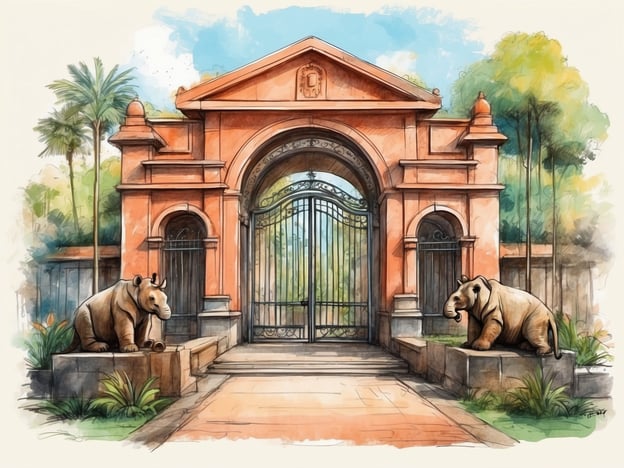 Auf dem Bild ist der Eingang zu einem Zoo zu sehen. Es gibt ein schönes, architektonisches Tor mit einem geschmiedeten Gitter, das den Zugang zum Zoo markiert. Auf beiden Seiten des Eingangs sitzen stilisierte Darstellungen von Tieren, die vermutlich Nashörner darstellen. Um das Tor herum sind Bäume und Pflanzen angeordnet, die eine einladende Atmosphäre schaffen.