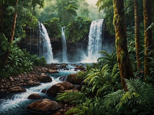 Auf dem Bild ist die beeindruckende Natur des Pico Bonito Nationalparks zu sehen. Man erkennt malerische Wasserfälle, die über grüne Felsen in einen klaren Fluss stürzen. Umgeben von üppiger tropischer Vegetation und zahlreichen Pflanzen, vermittelt die Szenerie ein Gefühl von Ruhe und natürlicher Schönheit. Die Fülle an Grün und die sanften Klänge des Wassers schaffen eine harmonische und friedliche Atmosphäre, die für diesen Nationalpark charakteristisch ist.