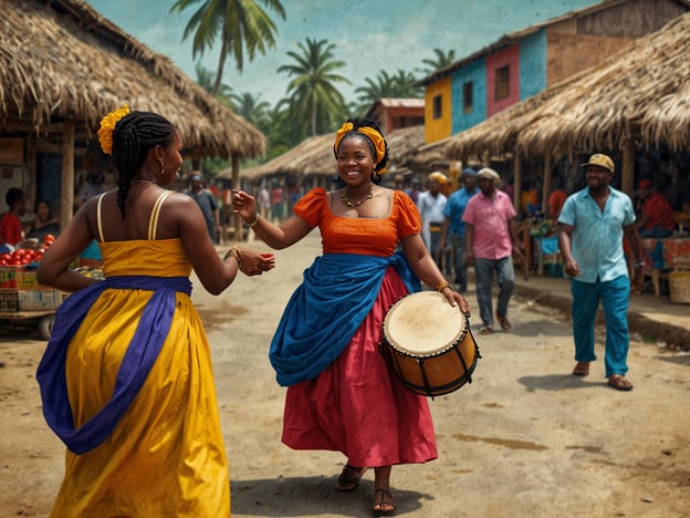 Auf dem Bild sieht man eine lebhafte Szene in einem Markt, wahrscheinlich in Tela, Honduras. Zwei Frauen in traditionellen, farbenfrohen Kleidern tanzen und lächeln, während eine von ihnen ein Trommelinstrument hält. Die Umgebung ist von Palmen gesäumt und es gibt verschiedene Marktstände im Hintergrund, die frisches Obst und Gemüse anbieten. 

Solche kulturellen Erlebnisse in Tela sind oft von Musik und Tanz geprägt, was eine wesentliche Rolle im sozialen Leben der Gemeinschaft spielt. Der Rhythmus der Trommel und die traditionellen Kleidungsstücke reflektieren die reiche afro-karibische Kultur des Landes. Diese Art von Festlichkeiten fördert den Zusammenhalt und die Freude unter den Menschen.