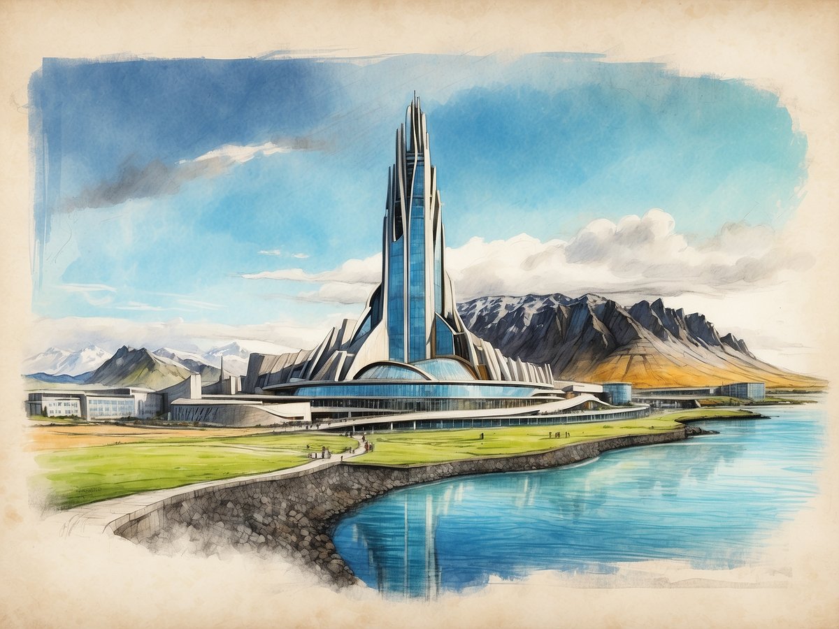 Ein futuristisches Gebäude in Reykjavik, das an einen gläsernen Turm erinnert. Das Gebäude ist von einer weitläufigen Wiese umgeben, und im Vordergrund fließt ein ruhiges Gewässer. Im Hintergrund sind majestätische Berge mit schneebedeckten Gipfeln zu sehen. Der Himmel ist blau mit einigen Wolken, die eine sonnige Atmosphäre schaffen. Menschen sind auf dem Gelände aktiv, was dem Bild Leben verleiht.