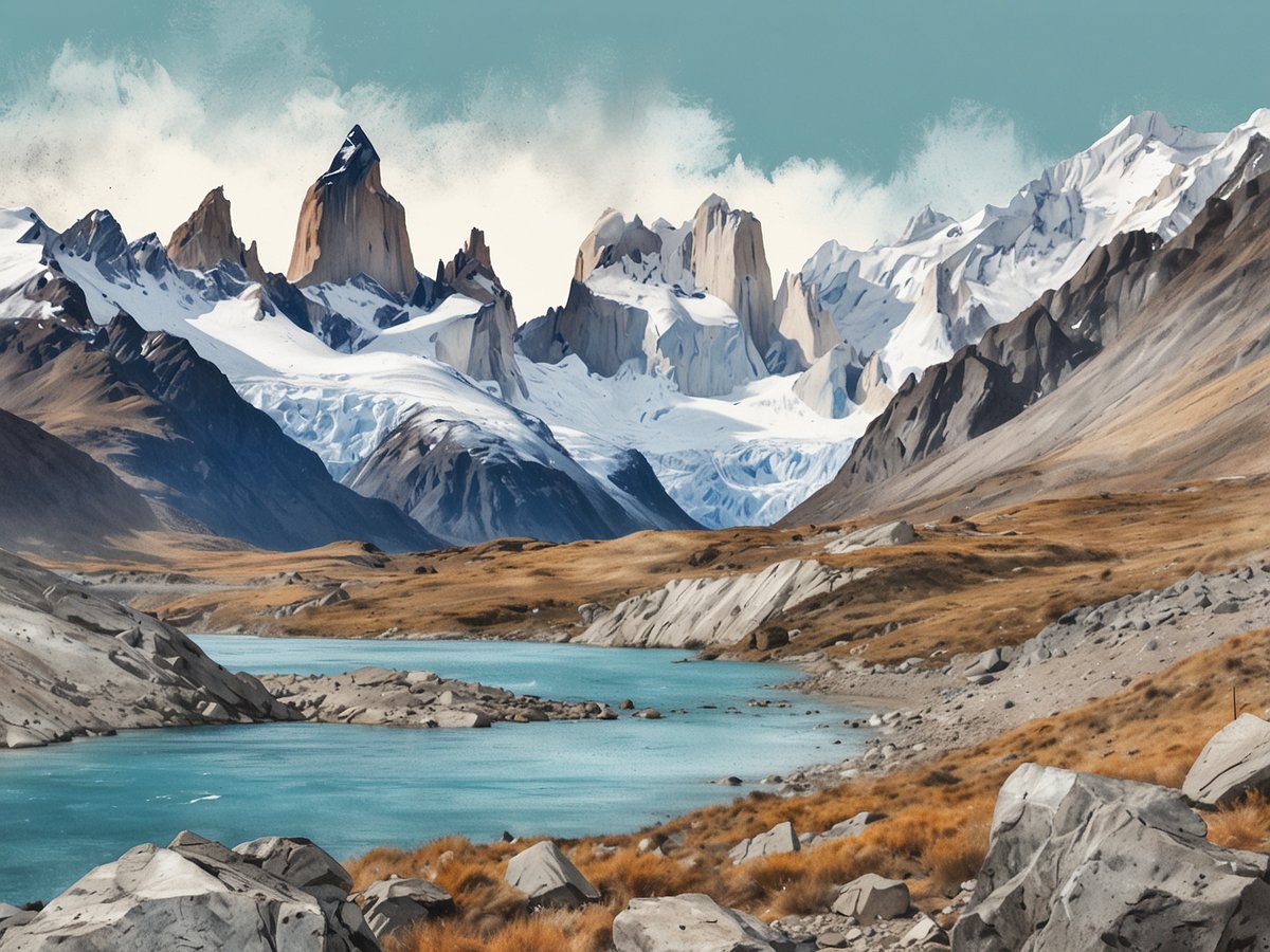 Eine beeindruckende Landschaft in El Chaltén, darunter der majestätische Fitz Roy, umgeben von zerklüfteten Bergen und tiefen Gletschern. Ein klarer blauer Fluss schlängelt sich durch die Szenerie, mit sanften, grasbewachsenen Hügeln und großen Steinen im Vordergrund. Die Berge sind teilweise mit Schnee bedeckt, während der Himmel in einem sanften Blau leuchtet, was eine malerische und friedliche Atmosphäre schafft.