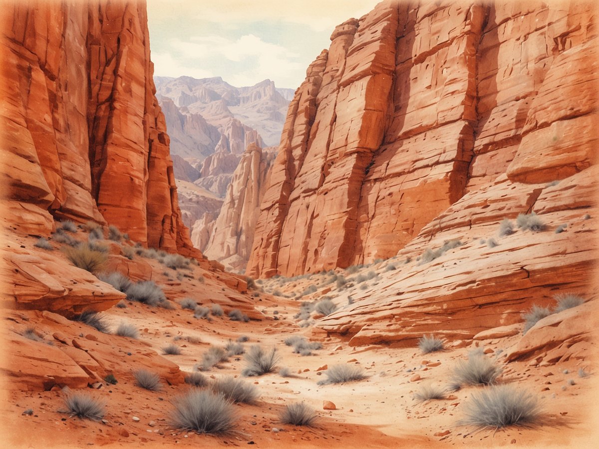 Blick auf die beeindruckenden roten Felslandschaften des Talampaya Nationalparks mit steilen Wänden und einer kargen, von Sand und Gräsern geprägten Bodenlandschaft. Die beeindruckende Geologie wird von der warmen Farbgebung unterstrichen, während im Hintergrund die sanften Hügel und der klare Himmel das Bild abrunden. Die Szenerie vermittelt ein Gefühl von Weite und Ruhe, ideal für Natur- und Architekturenthusiasten.