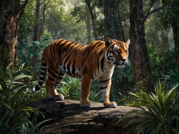 Auf dem Bild ist ein Tiger zu sehen, der in einer tropischen Umgebung steht, ähnlich wie sie im La Tigra Nationalpark zu finden ist. Dieser Nationalpark in Honduras beherbergt eine Vielzahl von Tierarten, darunter auch große Raubtiere wie den Tiger, der für seine beeindruckende Erscheinung und seine Landschaftsführung bekannt ist. Die dichten Wälder und die üppige Vegetation bieten dem Tier einen idealen Lebensraum, in dem es jagen und sich verstecken kann.